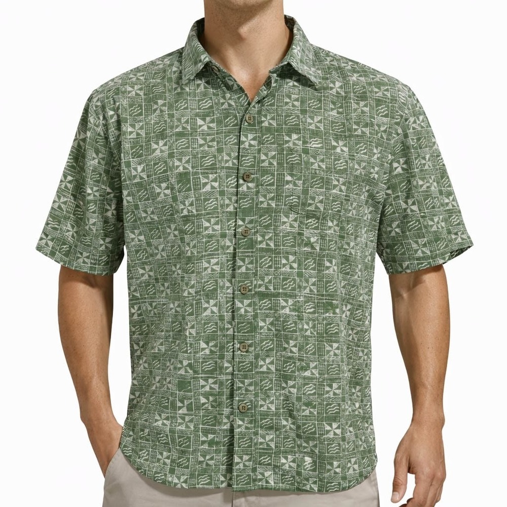 Cooke Street Hawaiian Aloha Shirt Large Tribal Symbols Squares Green White